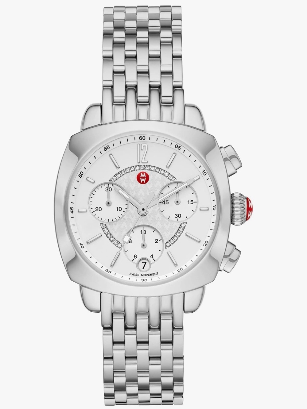 Michele Silver-Tone Stainless Steel Chronograph Watch with White Dial